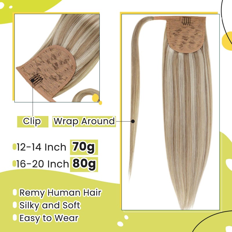RUNATURE Ponytail Extension Real Human Hair, Natural Remy Hair Ponytail, One Piece Hair Extensions Ponytail, Easy to Install, Daily Wearing, 18 Inch 80g #8P60 Light Brown Highlight Platinum Blonde - Image 3